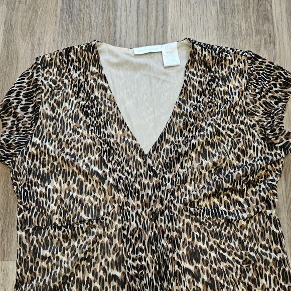 Vtg Leopard Print Mesh Babydoll Blouse Top Womens L Brown Boho Y2K Cheetah Girls - Picture 3 of 9
